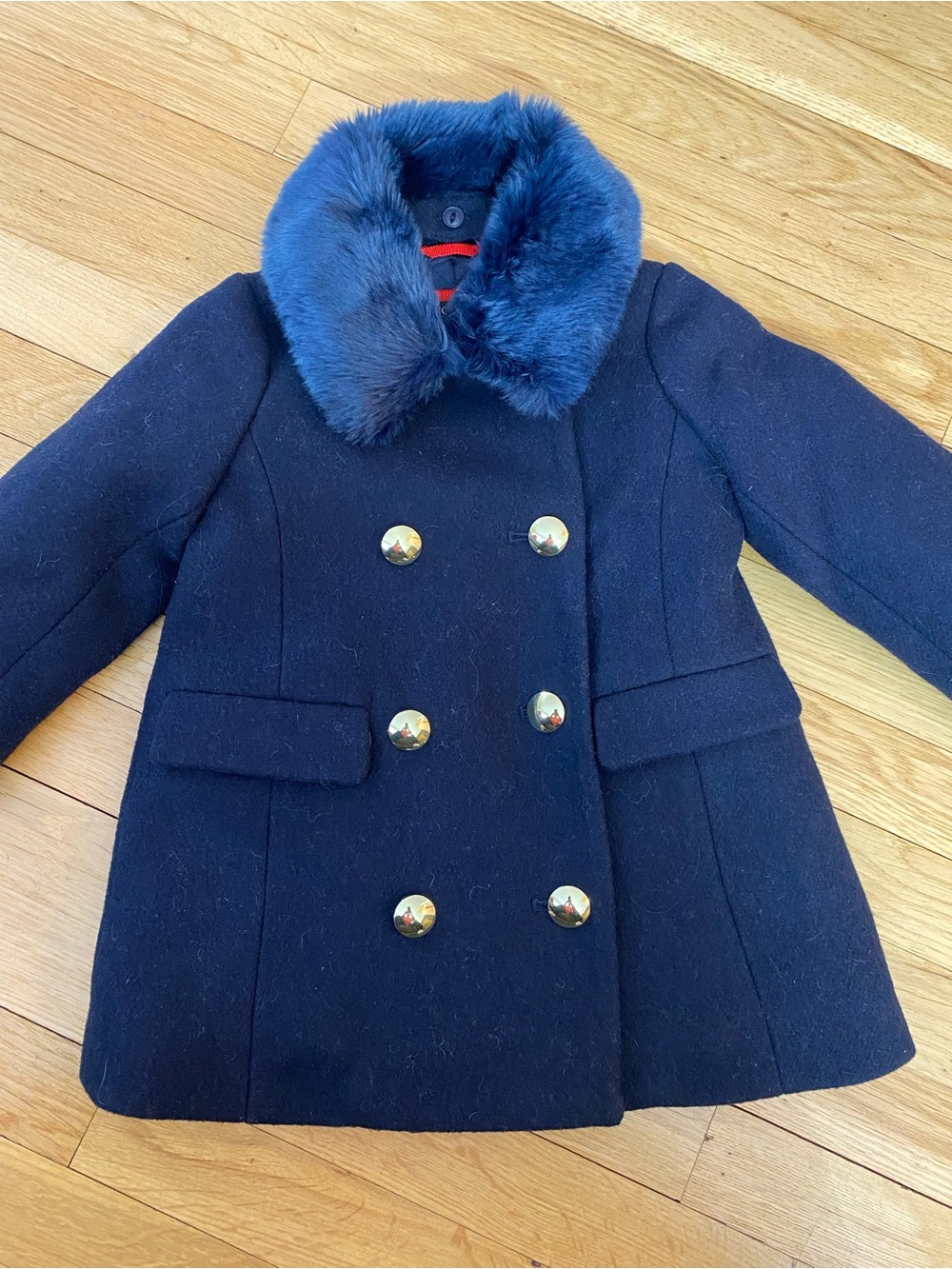 Crewcuts Navy Double-Breasted Pea Coat with Blue Faux Fur Collar